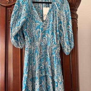 Zara Teal and White Long Sleeve Dress